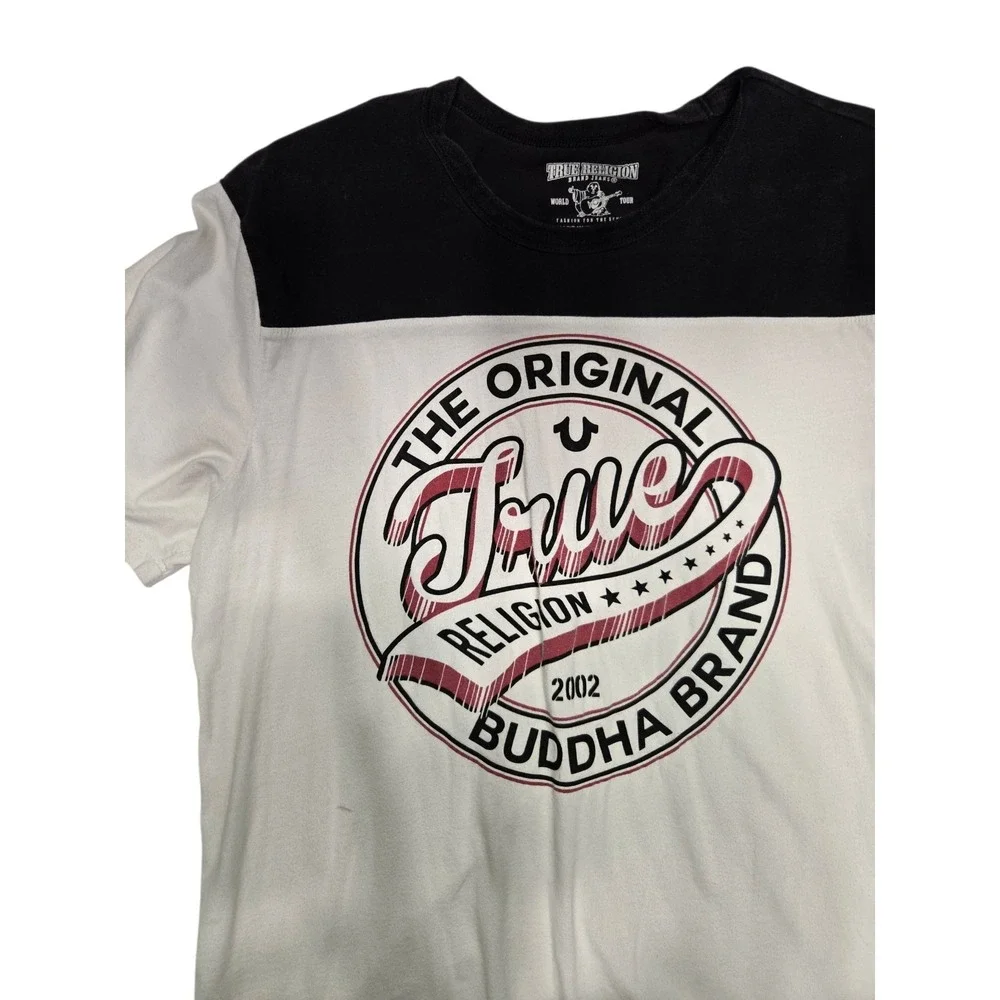 True Religion Men's Graphic T-Shirt Buddha Logo Colorblock Black White Size L